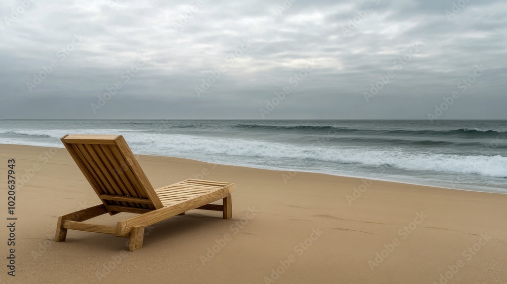 Empty wooden lounge chair on a sandy beach facing the ocean at dusk Empty wooden lounge chair on a sandy beach facing the ocean at dusk