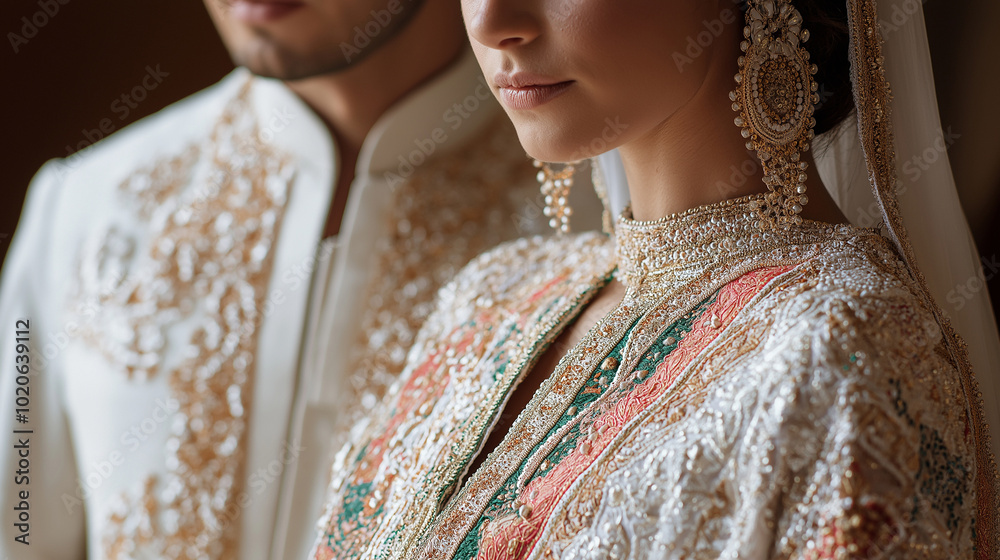 Close-up of intricate Moroccan embroidery on the bride's caftan and the groom’s djellaba Close-up of intricate Moroccan embroidery on the bride's caftan and the groom’s djellaba