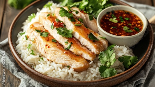 A classic plate of steamed rice topped with tender chicken slices, garnished with fresh herbs and served with a spicy dipping sauce.