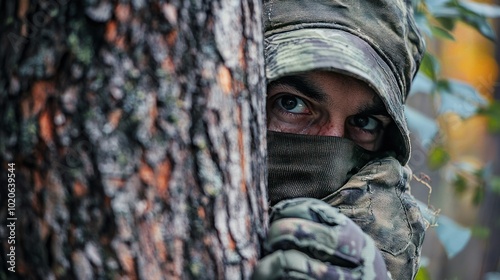 a bandit hiding behind a tree, peering out to survey a target, adding an element of suspense