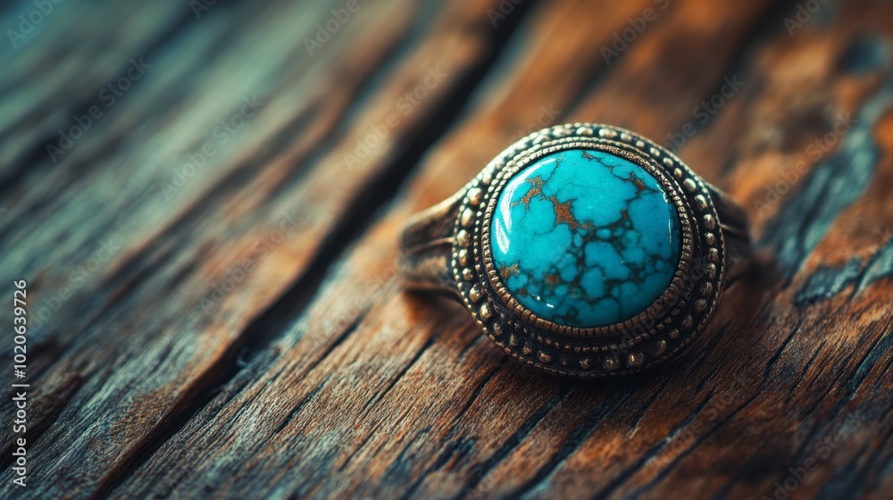 A close-up of a bold turquoise ring resting on a rustic wooden table, evoking a bohemian vibe. A close-up of a bold turquoise ring resting on a rustic wooden table, evoking a bohemian vibe.