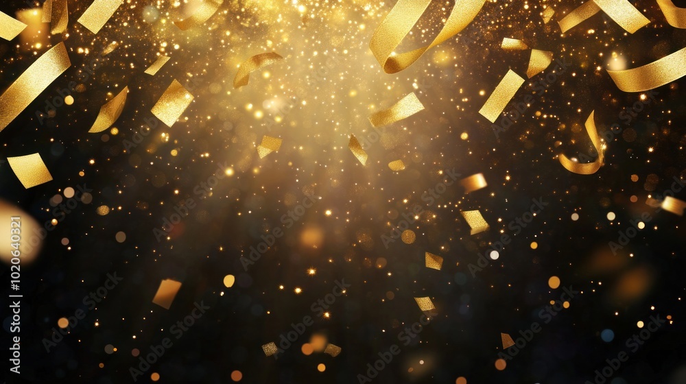 Obraz premium Golden confetti drifting over dark background with floating ribbons. Celebration and joy concept.