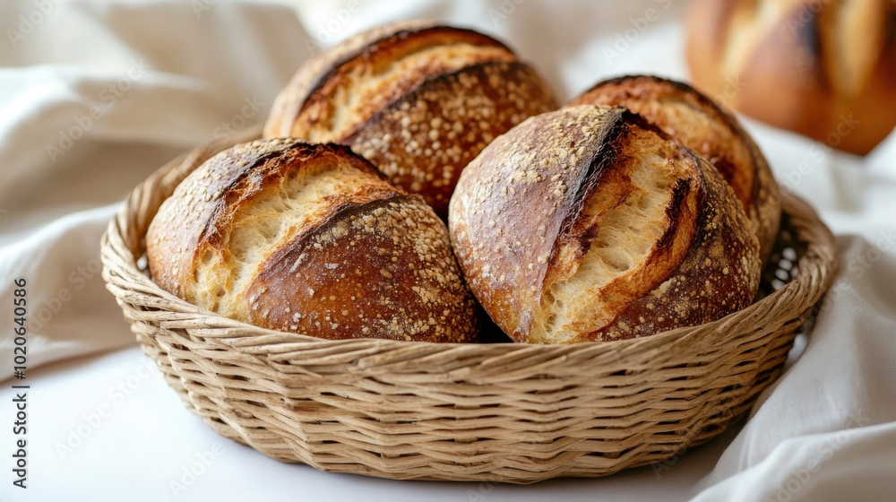 Fototapeta premium Freshly baked sourdough bread in wicker basket on white cloth background