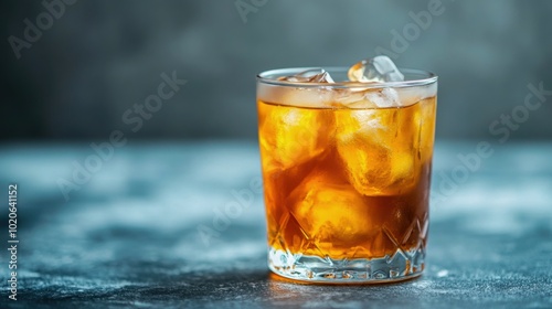 Glass of whiskey with ice cubes on a dark background