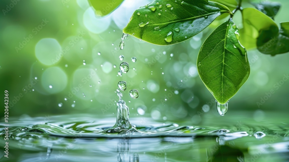 A close-up of water droplets resting on vibrant green leaves, capturing the essence of nature with fresh, reflective droplets and lush greenery A close-up of water droplets resting on vibrant green leaves, capturing the essence of nature with fresh, reflective droplets and lush greenery