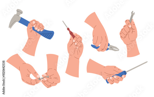 Male hands of repairman or mechanic with working tools, hammer, screwdrivers and pliers. Set of vector isolated cartoon design elements.