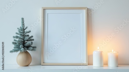 gentle blue photogram with white background stands on white wooden shelf, minimalist elegant christmas decoration, candles, beautiful christmas toys