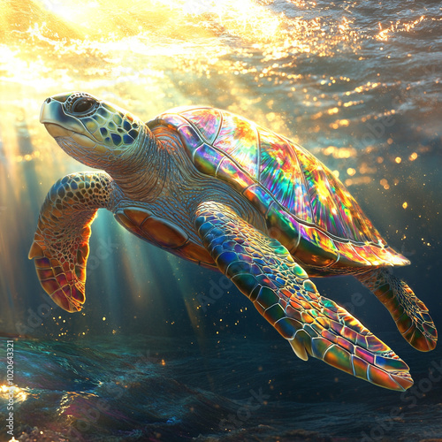 A realistic vibrant sea turtle glides gracefully through shimmering water, showcasing its dazzling rainbow colors. sunlight filters through surface, creating magical underwater scene photo