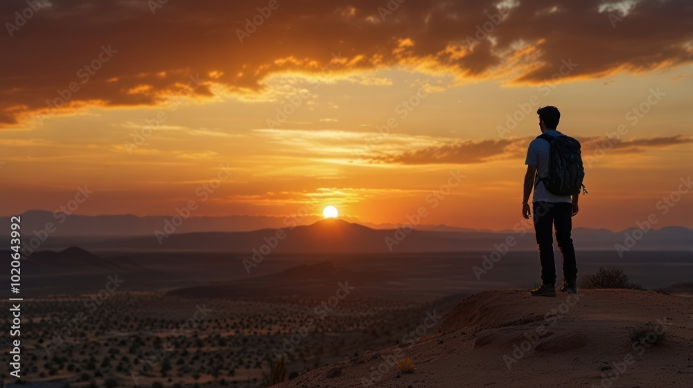 A lone hiker stands on a ridge, silhouetted against a fiery sunset over a vast desert landscape. A lone hiker stands on a ridge, silhouetted against a fiery sunset over a vast desert landscape.