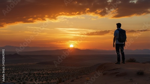 A lone hiker stands on a ridge, silhouetted against a fiery sunset over a vast desert landscape.