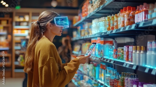 Woman in VR Shopping in a Supermarket