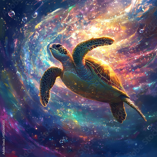 A realistic and enchanting sea turtle swims gracefully through vibrant cosmic ocean filled with colorful swirls and bubbles, creating mesmerizing underwater scene photo