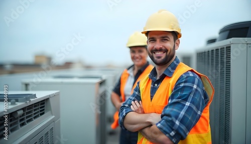 Two HVAC technicians are standing near air conditioners while wearing hard hats and reflective vests