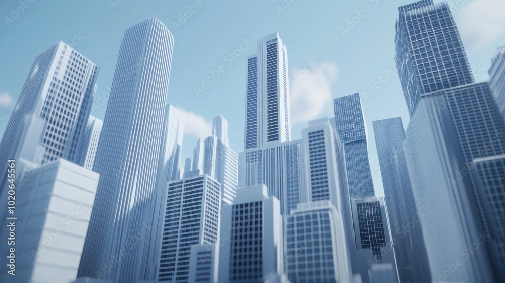 A low angle view of a cityscape with tall skyscrapers and blue sky A low angle view of a cityscape with tall skyscrapers and blue sky