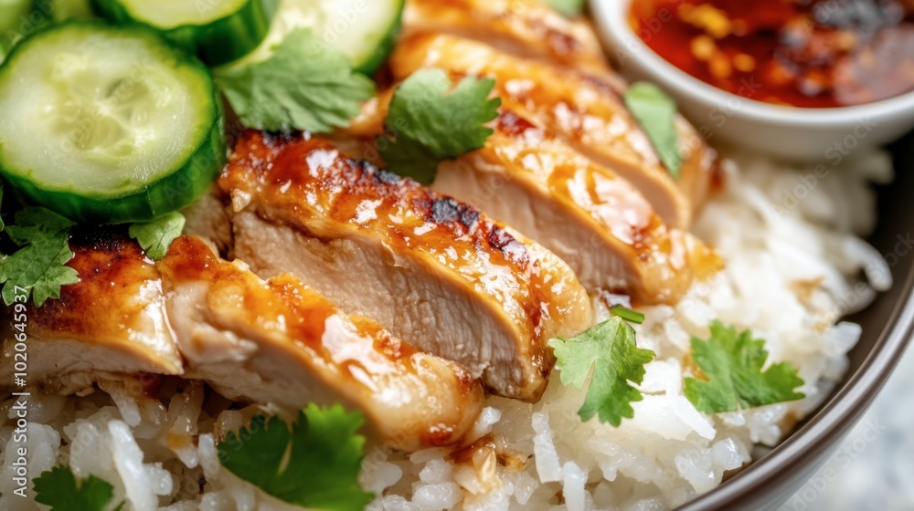 A close-up of steamed rice with chicken, garnished with cucumber and cilantro, and served with a flavorful dipping sauce. A close-up of steamed rice with chicken, garnished with cucumber and cilantro, and served with a flavorful dipping sauce.