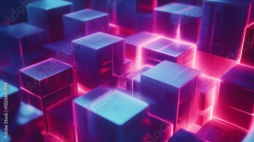 Colorful abstract design featuring glowing cubes illuminated by vibrant blue and pink lights in a digital art style