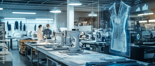 AI generator images of modern textile production scene showcasing sustainable fashion and personalized clothing. The image should include a bright and clean factory with automated sewing machines, 