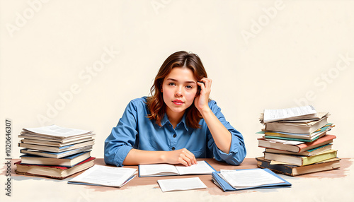 Woman looking tired studying with books at cluttered desk