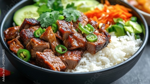 A close-up shot of a delicious pork leg rice meal with tender braised pork, jasmine rice, and fresh vegetables on the side.