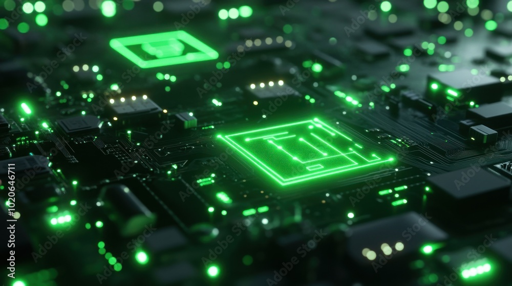 Green Illuminated Circuit Board with Integrated Chips