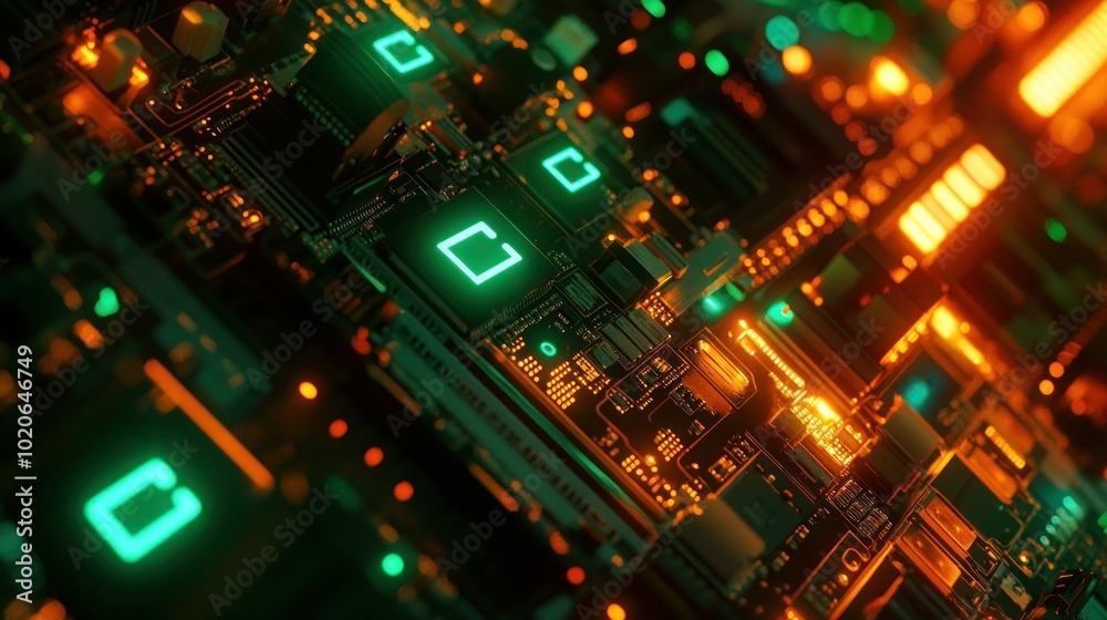 Close-up of a Circuit Board with Glowing Green and Orange LEDs Close-up of a Circuit Board with Glowing Green and Orange LEDs