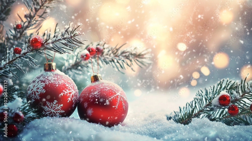 Snow-covered red Christmas baubles with evergreen branches and berries Snow-covered red Christmas baubles with evergreen branches and berries