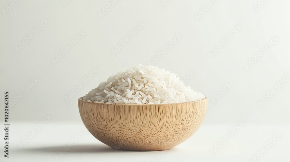 A bowl of white jasmine rice is presented from a top-side front view, isolated on a white background, suitable for a cutout file. A bowl of white jasmine rice is presented from a top-side front view, isolated on a white background, suitable for a cutout file.