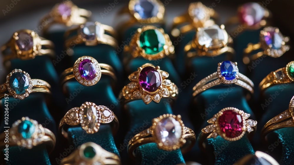 A collection of birthstone rings arranged in a beautiful display, representing different personalities. A collection of birthstone rings arranged in a beautiful display, representing different personalities.