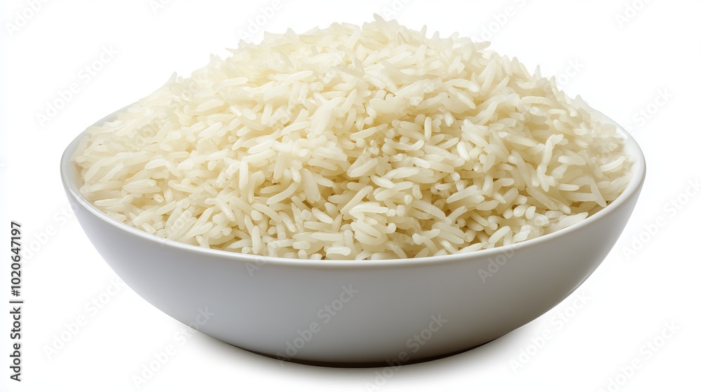 A bowl of white jasmine rice is presented from a top-side front view, isolated on a white background, suitable for a cutout file. A bowl of white jasmine rice is presented from a top-side front view, isolated on a white background, suitable for a cutout file.