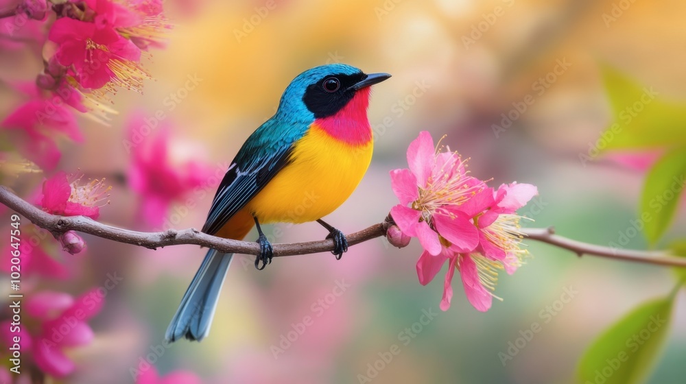 A colorful little bird perched on a delicate flower branch, with vibrant petals surrounding its bright feathers.