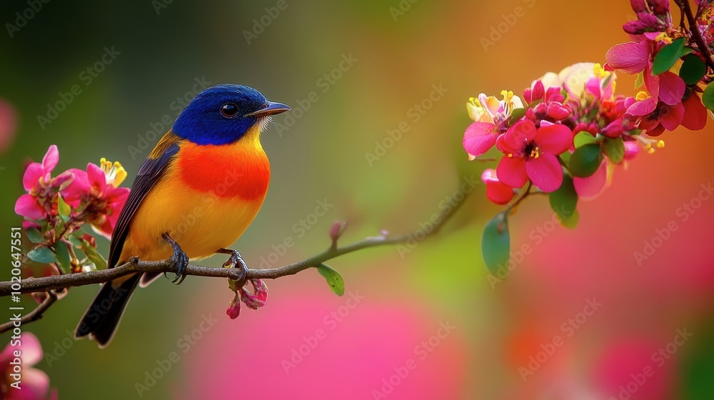 A colorful little bird perched on a delicate flower branch, with vibrant petals surrounding its bright feathers. A colorful little bird perched on a delicate flower branch, with vibrant petals surrounding its bright feathers.