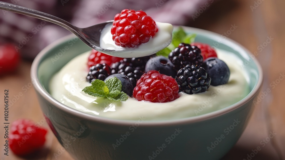 Fresh berries in yogurt bowl with spoon, wooden table background. Fresh berries in yogurt bowl with spoon, wooden table background.