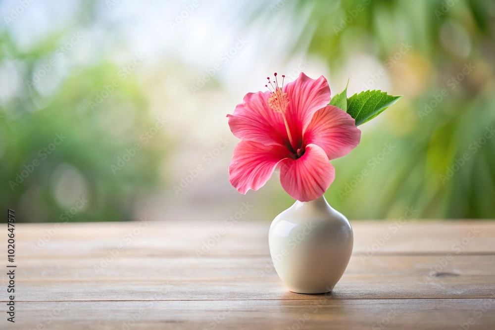Forced perspective photo of hibiscus flower in white vase against soft background Forced perspective photo of hibiscus flower in white vase against soft background