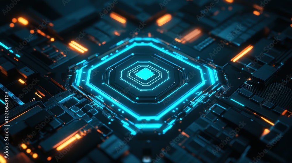 A Futuristic Circuit Board with Glowing Blue and Orange Lines A Futuristic Circuit Board with Glowing Blue and Orange Lines