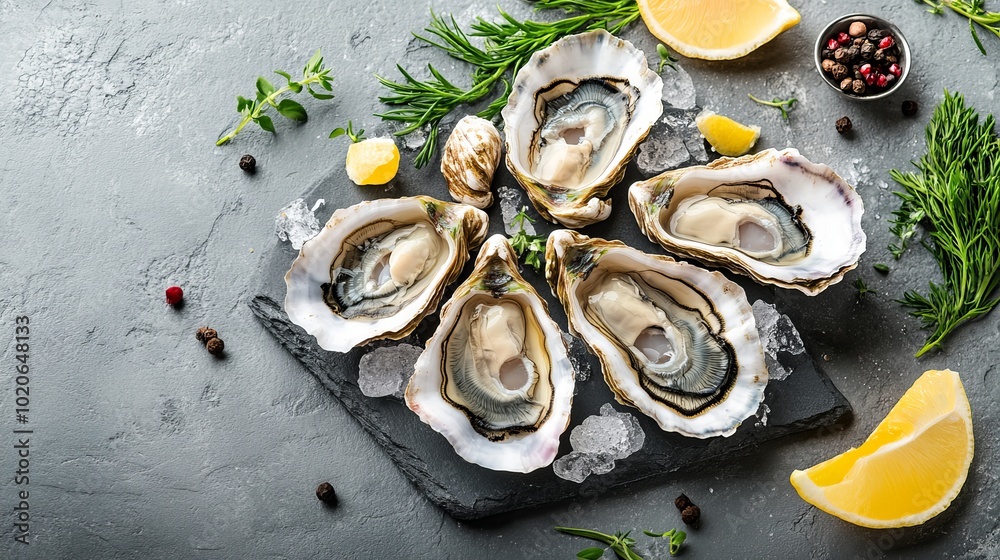 A top view of fresh oysters elegantly arranged on a gray table, showcasing their natural beauty A top view of fresh oysters elegantly arranged on a gray table, showcasing their natural beauty