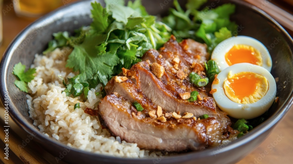 A comforting dish of pork leg rice featuring succulent pork, soft-boiled eggs, and fresh greens, perfect for a traditional Thai meal. A comforting dish of pork leg rice featuring succulent pork, soft-boiled eggs, and fresh greens, perfect for a traditional Thai meal.