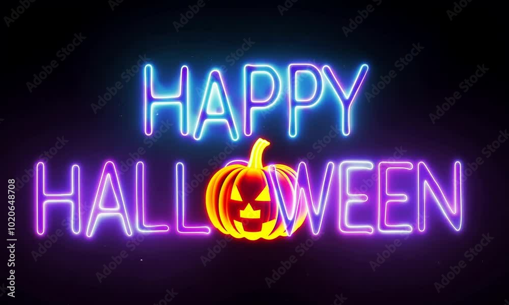 Happy halloween neon animation happy halloween pumpkin spooky ghost spider cobweb bat halloween day.