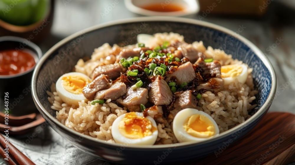 A comforting dish of pork leg rice with succulent pork, perfectly boiled eggs, and pickled mustard greens, served with chili sauce. A comforting dish of pork leg rice with succulent pork, perfectly boiled eggs, and pickled mustard greens, served with chili sauce.