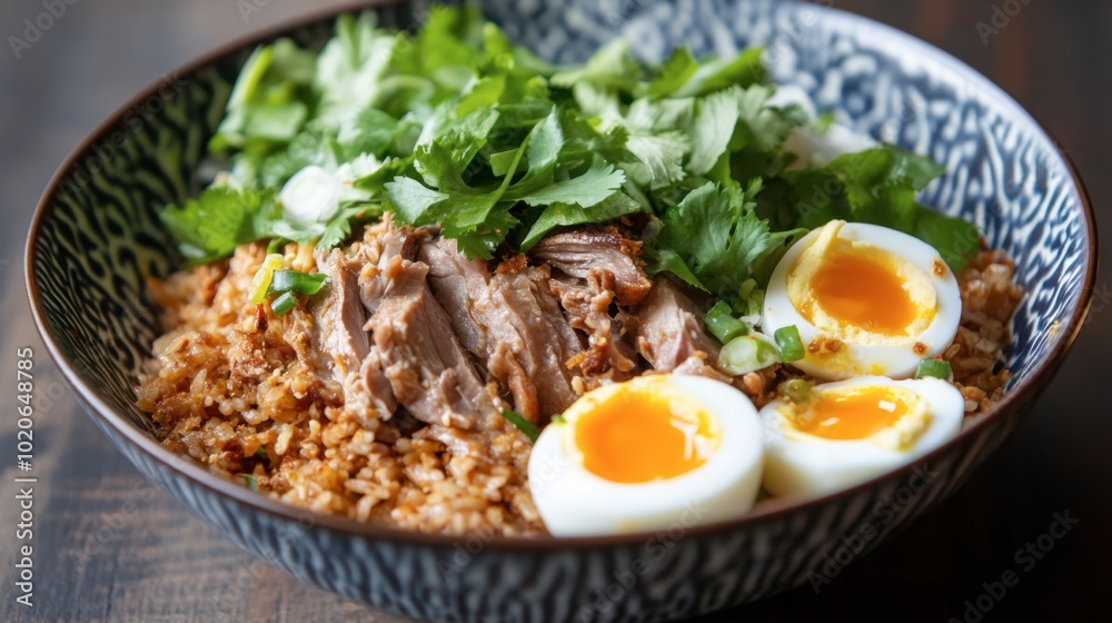 A comforting dish of pork leg rice featuring succulent pork, soft-boiled eggs, and fresh greens, perfect for a traditional Thai meal. A comforting dish of pork leg rice featuring succulent pork, soft-boiled eggs, and fresh greens, perfect for a traditional Thai meal.