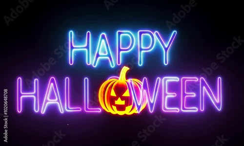 Happy halloween neon animation happy halloween pumpkin spooky ghost spider cobweb bat halloween day.