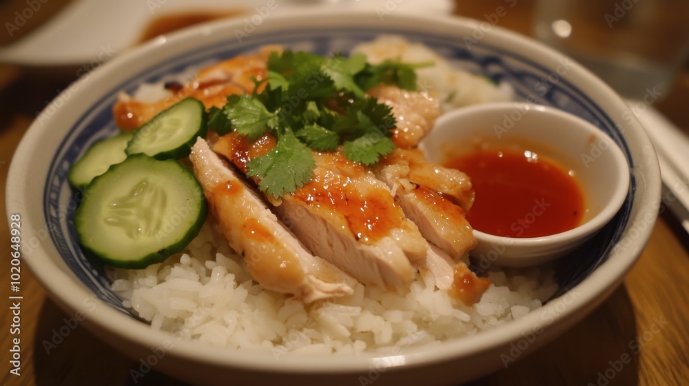A comforting dish of steamed rice and chicken, garnished with cucumber and cilantro, served with a tangy dipping sauce. A comforting dish of steamed rice and chicken, garnished with cucumber and cilantro, served with a tangy dipping sauce.