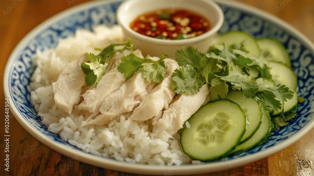 A comforting dish of steamed rice and chicken, garnished with cucumber and cilantro, served with a tangy dipping sauce. A comforting dish of steamed rice and chicken, garnished with cucumber and cilantro, served with a tangy dipping sauce.