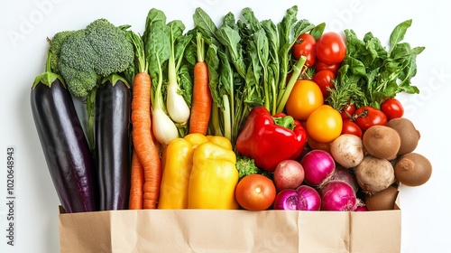 A healthy food background featuring a paper bag overflowing with fresh vegetables and fruits, arranged against a white backdrop.