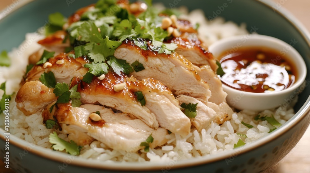 A comforting dish of steamed rice and juicy chicken, garnished with cilantro and served with a tangy dipping sauce. A comforting dish of steamed rice and juicy chicken, garnished with cilantro and served with a tangy dipping sauce.