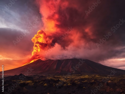 A sky darkened by volcanic ash, with red and yellow hues from the eruption glowing through the clouds, creating an intense and otherworldly atmosphere 