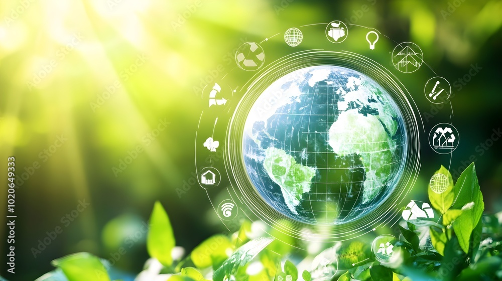 A digital globe surrounded by eco-friendly icons such as recycling, clean energy, and carbon footprints, representing global decarbonization efforts and the pursuit of emissions reduction A digital globe surrounded by eco-friendly icons such as recycling, clean energy, and carbon footprints, representing global decarbonization efforts and the pursuit of emissions reduction