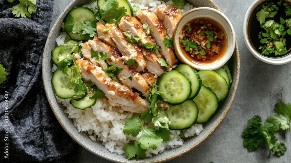 A comforting meal of steamed rice topped with chicken, served with cucumber slices, cilantro, and a side of dipping sauce. A comforting meal of steamed rice topped with chicken, served with cucumber slices, cilantro, and a side of dipping sauce.