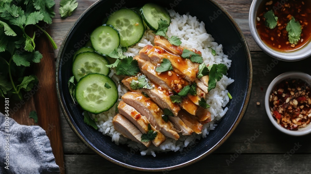 A comforting meal of steamed rice topped with chicken, served with cucumber slices, cilantro, and a side of dipping sauce. A comforting meal of steamed rice topped with chicken, served with cucumber slices, cilantro, and a side of dipping sauce.