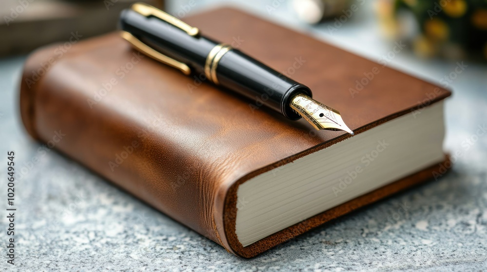 A Gold-Trimmed Fountain Pen Resting on a Leather-Bound Journal A Gold-Trimmed Fountain Pen Resting on a Leather-Bound Journal