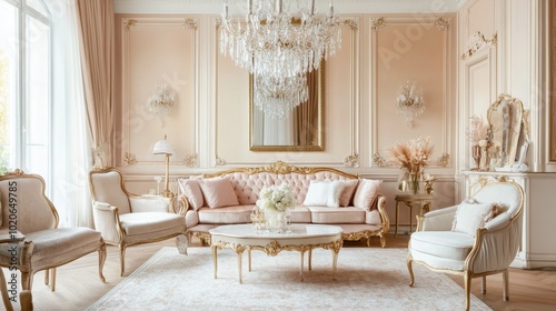 A cozy living room with soft pink furniture, ornate gold accents, and a large crystal chandelier perfect for a princess.